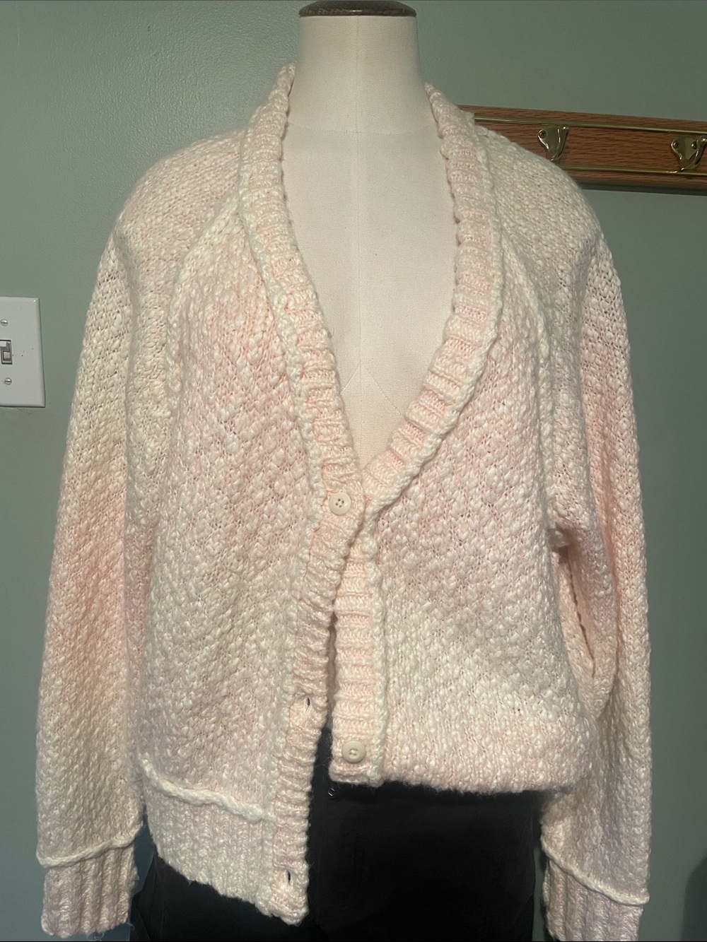 aerie Pink Cream Bouclé Shawl-Collar Button Cardigan
